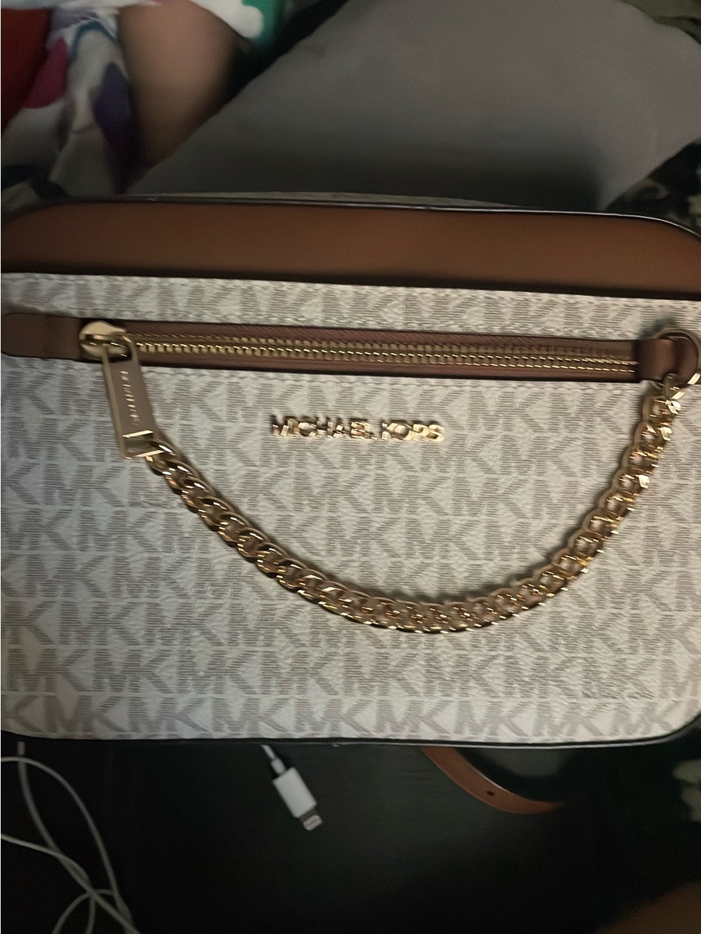 Michael Kors Monogram Crossbody in Vanilla and Brown with Gold Chain
